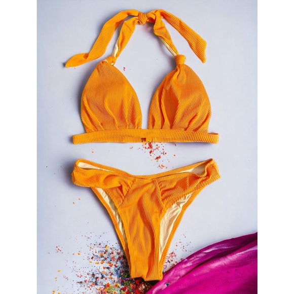 Zaful Other - Size 4 Zagul 2 piece orange ribbed twisted knot halter bikini set Swimsuit 2427Q
